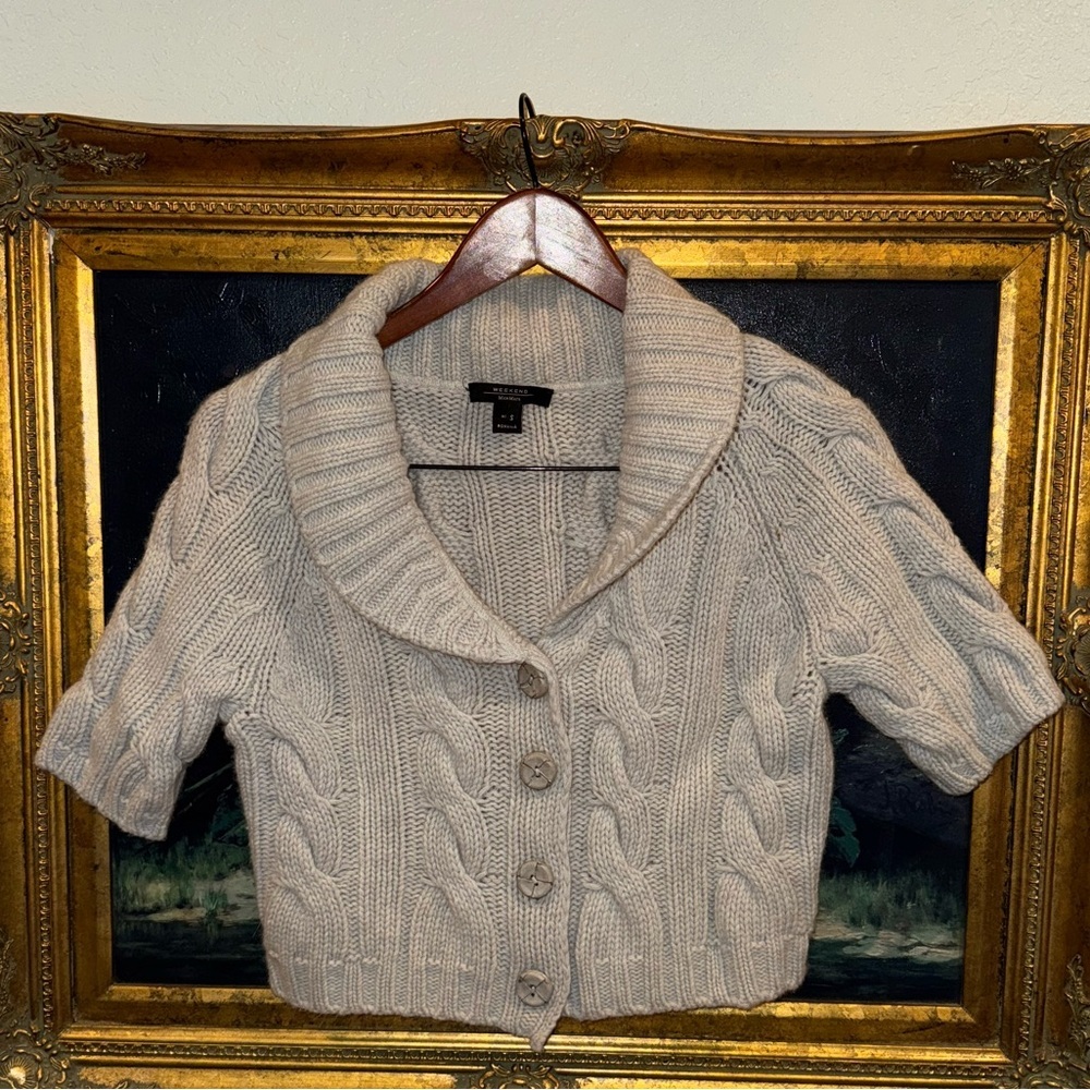 Weekend Max Mara Gray Wool Cable-knit Cropped Button Down Short Sleeve Sweater S